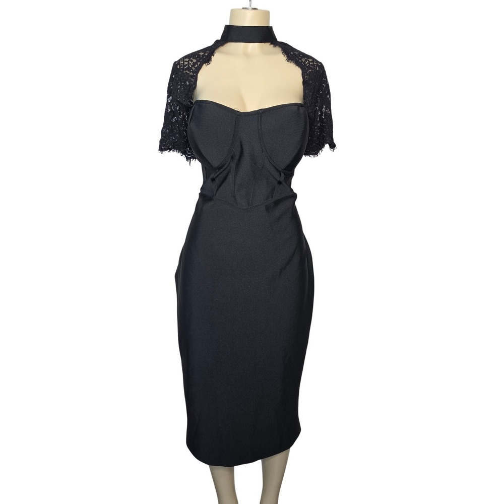 Fashion Nova Dress Womens 2X Black Lace Choker Neck Corset Bandage Midi Bodycon